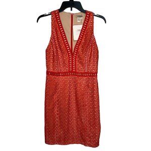 Nikibiki NWT midi dress Red eyelet crochet sleeveless with Nude Underlay Size M